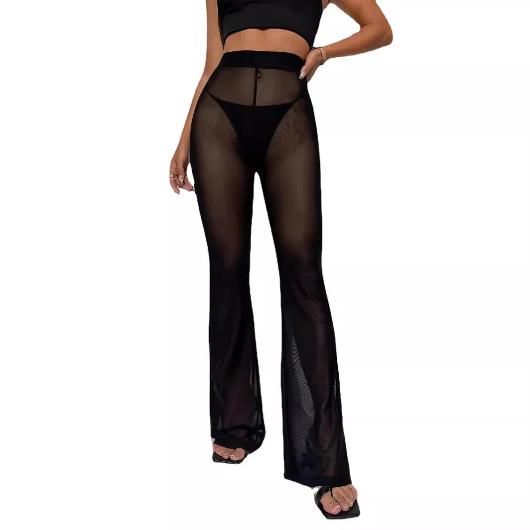 

Прозрачные расклешенные брюки с высокой талией, сетчатые дышащие летние модные сексуальные длинные брюки, женские повседневные брюки свободного покроя