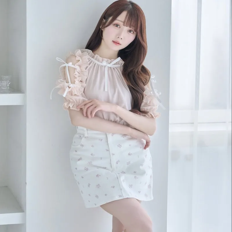 Japanese Lolita Style Sweet Top Heavy Industry Off-shoulder Shirt Bow Tie Mesh Clear Blusas Short Versatile Kawaii Blouse Ladies