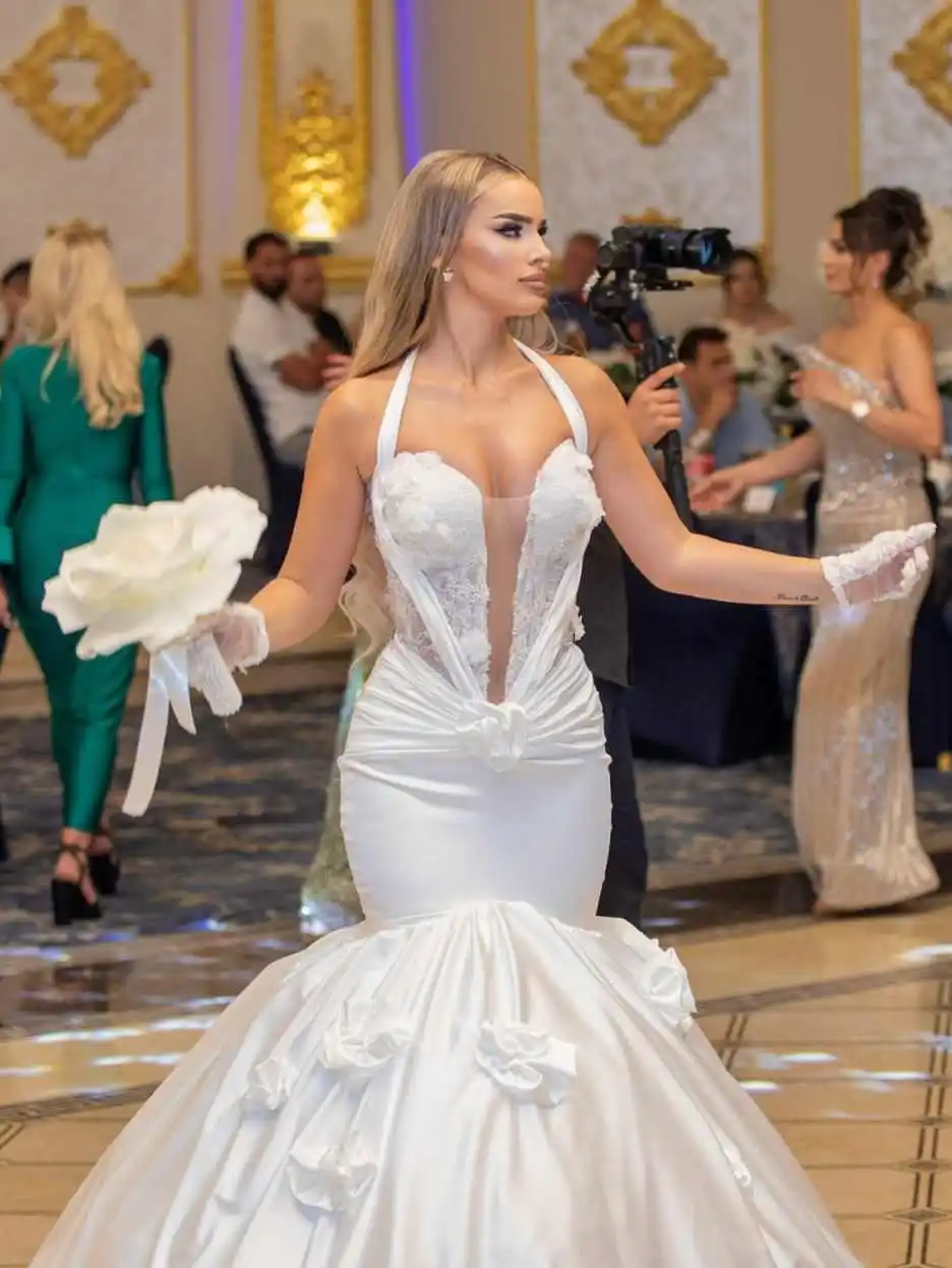 Hand Made Flowers Mermaid Wedding Dresses Sexy Halter Bridal Gowns For Women Formal Bride Dress Customized