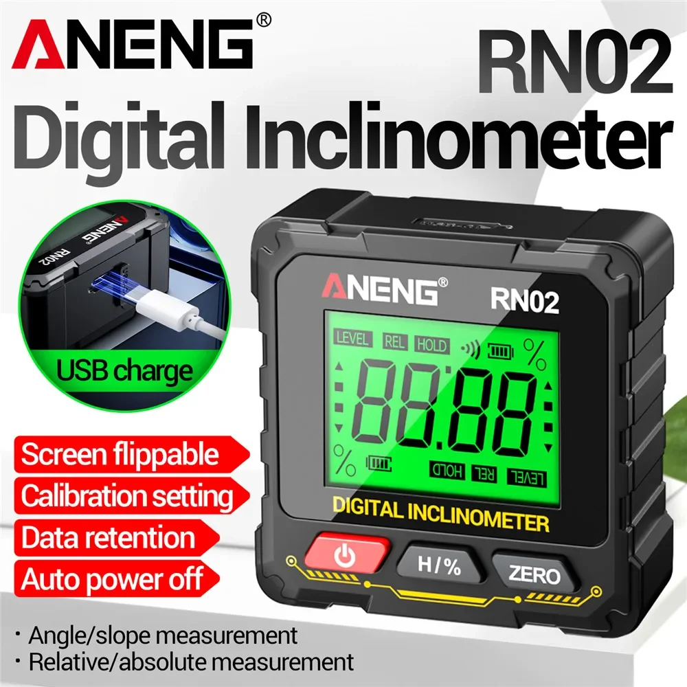 Magnetic Digital Angle Finder USB Rechargeable ANENG RN02 Angle Gauge Laser Inclinometer Level Magnets Angle Ruler Protractor