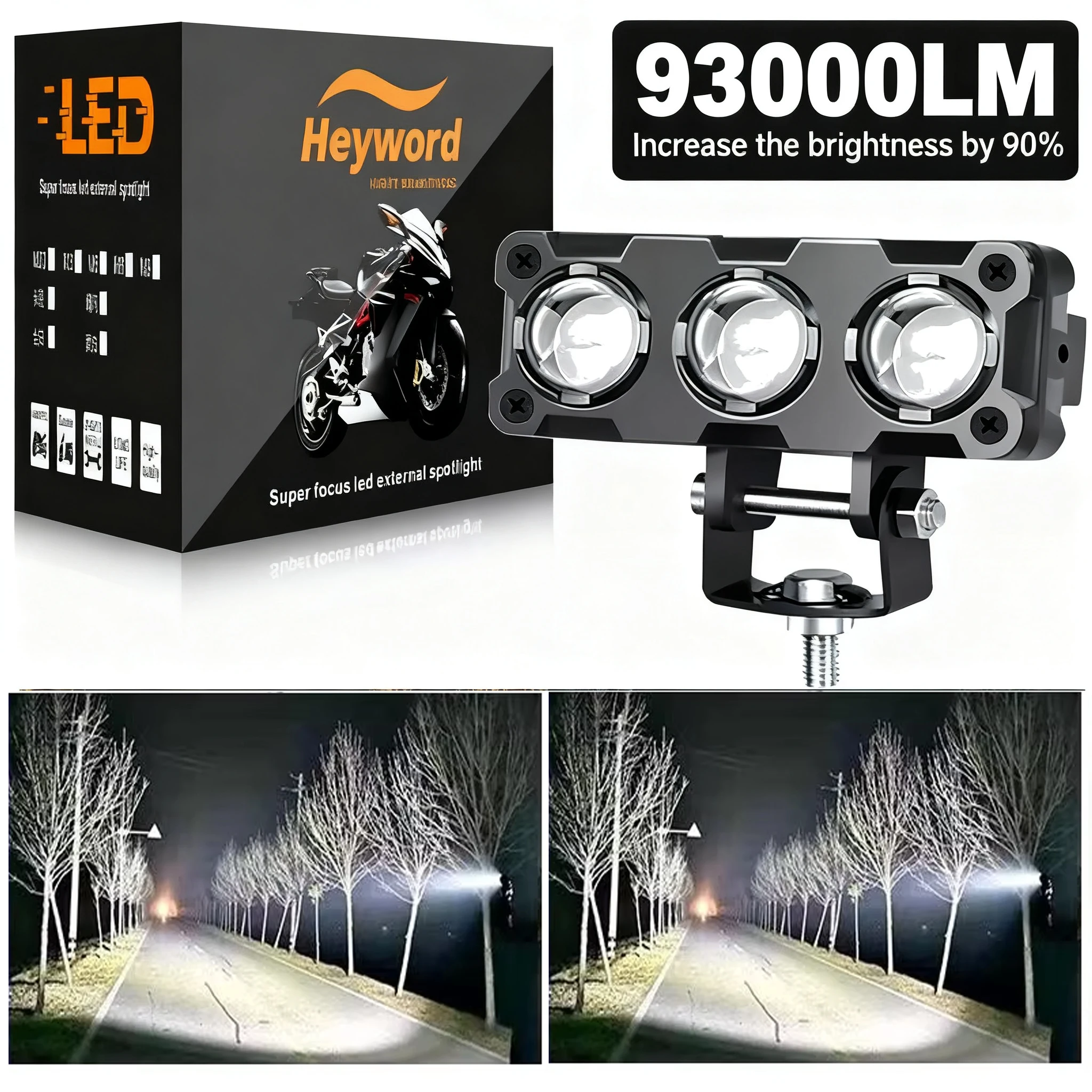 1pc Motorcycle LED Spotlight with 3 Lenses for Dual Color Work Lights High/low Beam Mini Driving Fog Lights