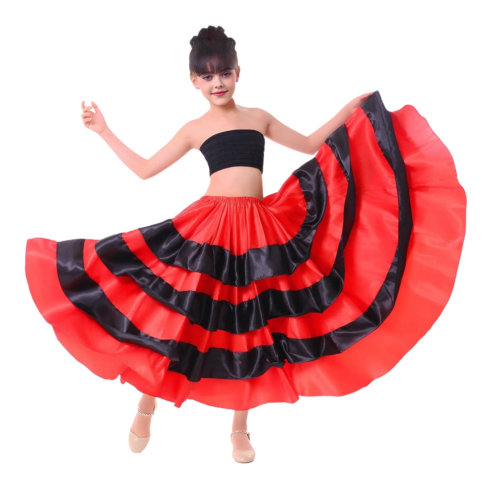 Red Black Kids Girls Tiered Ruffles Wide Hemline Satin Skirt 180 360 Degrees Spanish Flamenco Ballroom Dance Performance Costume