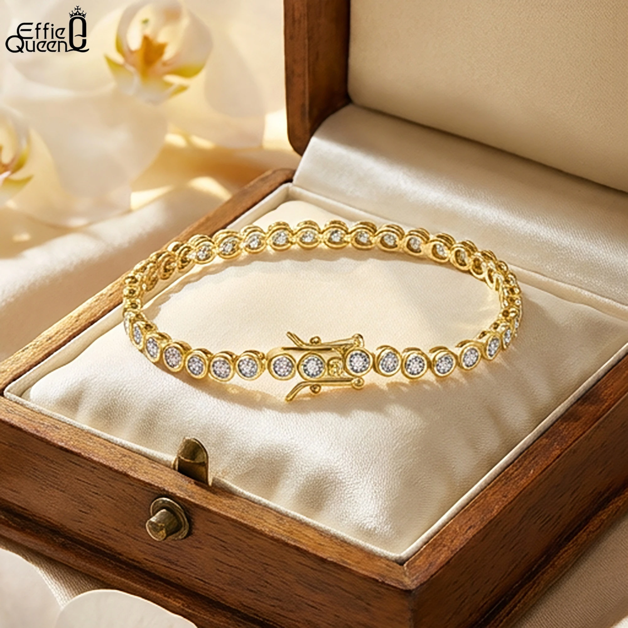 

EFFIE QUEEN 925 Solid Sterling Silver 14k Gold Round Cut Zirconia Tennis Chain Bracelet Ideal Jewelry for Women, Men Gift SB143