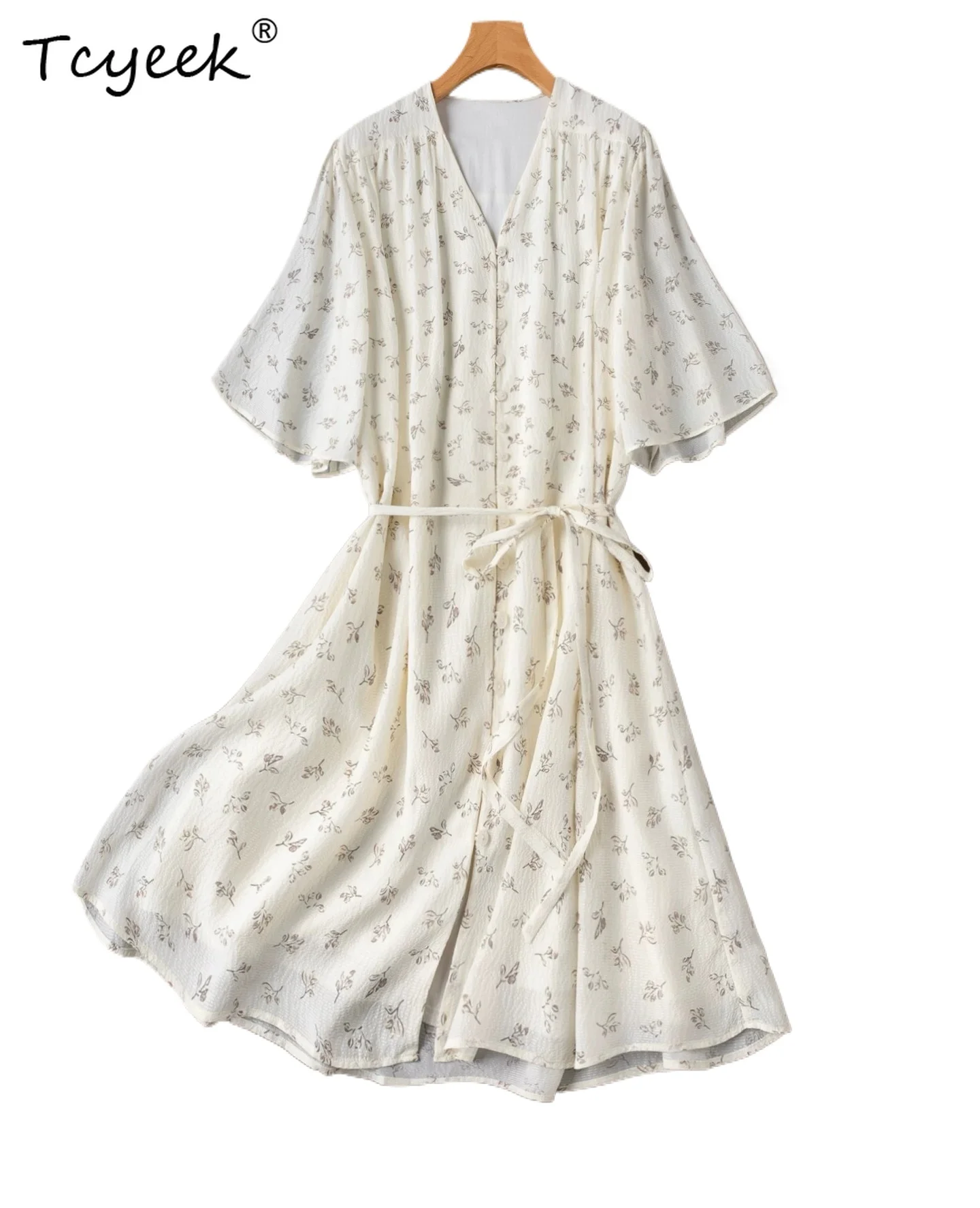 Tcyeek Hemdkleid aus 100 % natürlicher Maulbeerseide, elegantes Kleid, Sommerkleidung, Damenkleider, bedruckt, mit Schnürung, lockere Passform, Платье Женское