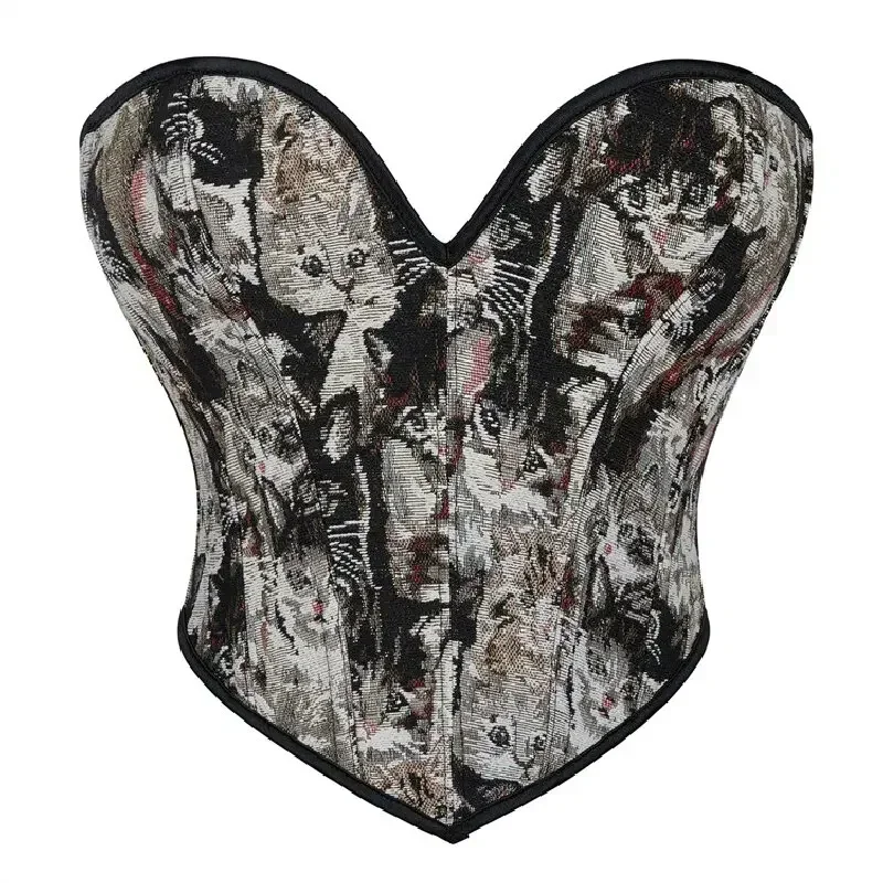 

Fashion Print Cat Pattern Corset Crop Top Sexy Women Overbust Up Plastic Boned Bustiers Body Shaper Short Torso Corselet