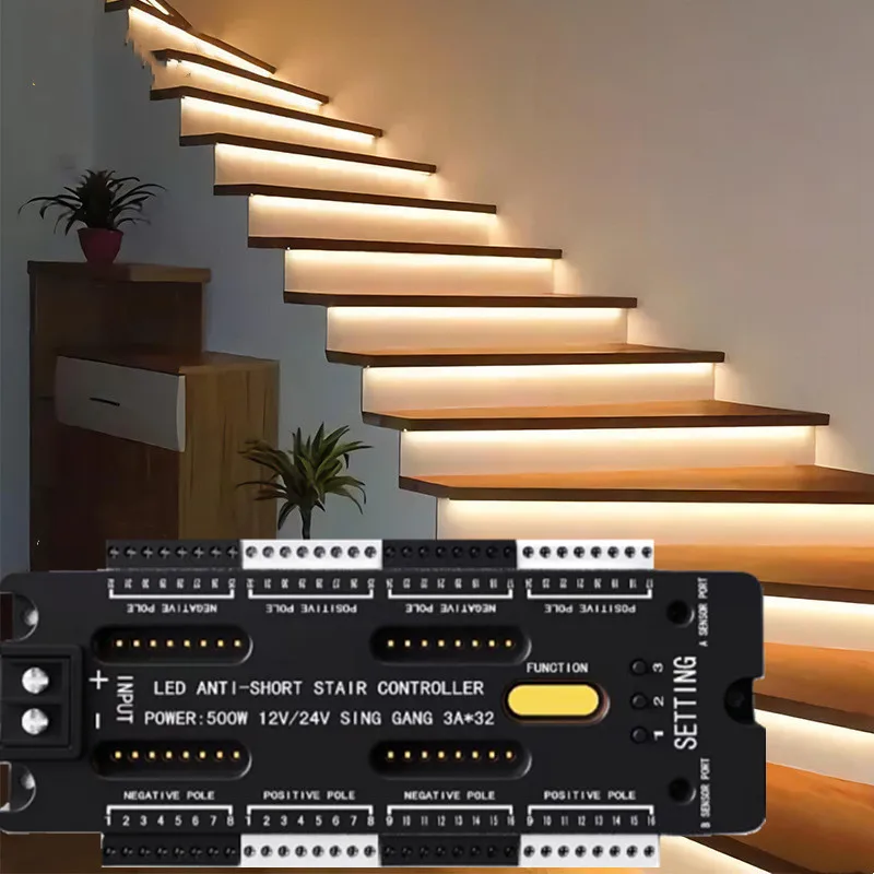 

Short Circuit Protection Stair Light Control Device Black 12V 24V Dimmable 32 Way PIR Motion Sensor Step LED Strip Controller