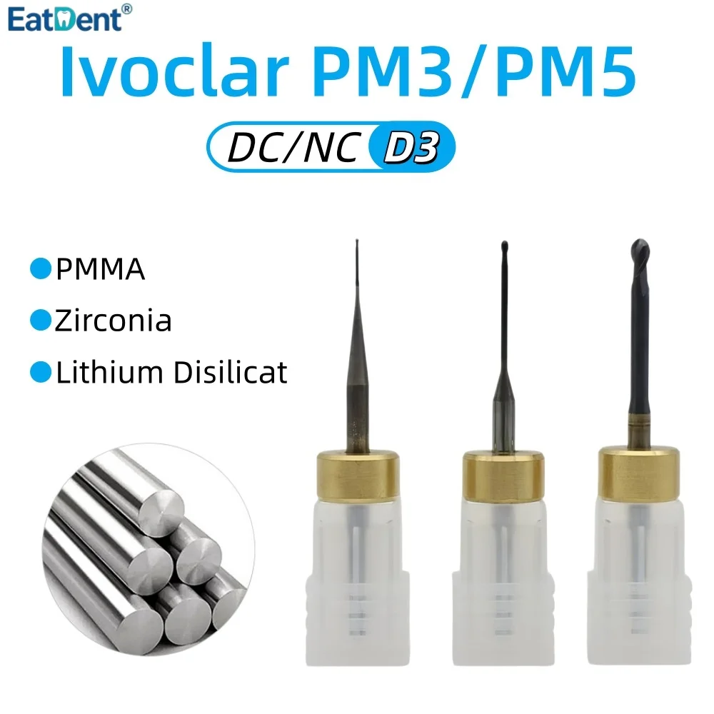 Ivoclar PM3/PM5 Dental Milling Burs Diamond Coated for Zirconia Lithium Disilicate/Emax Glass-ceramic PMMA DC D3 Grinding Drills