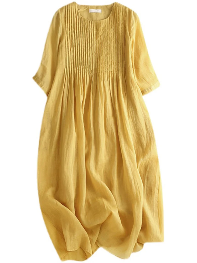 Women's Loose Svel Cotton Linen Dr Skirt A-Line Summer Long DrAccordion Pleat Wide Hemline Artistic Sle