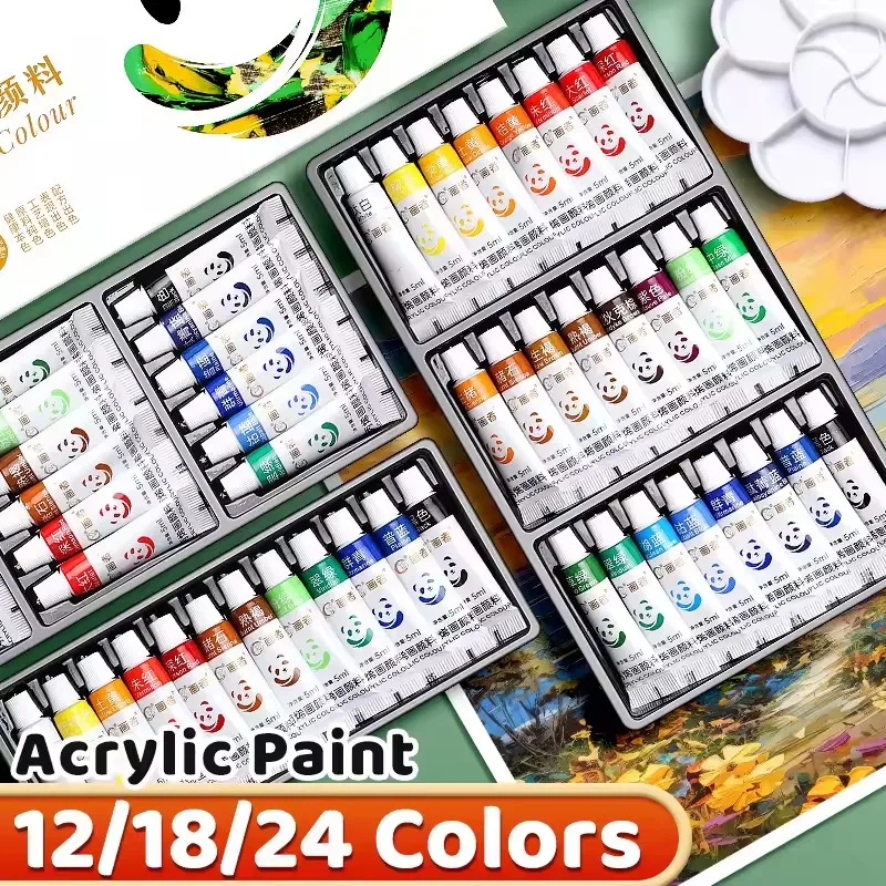 Acrylic Paint Set - 12/18/24 Colors, 5ml/0.17 Ounces, Waterproof and Portable Art, Rich in Pigment, Suitable for DIY Handicrafts