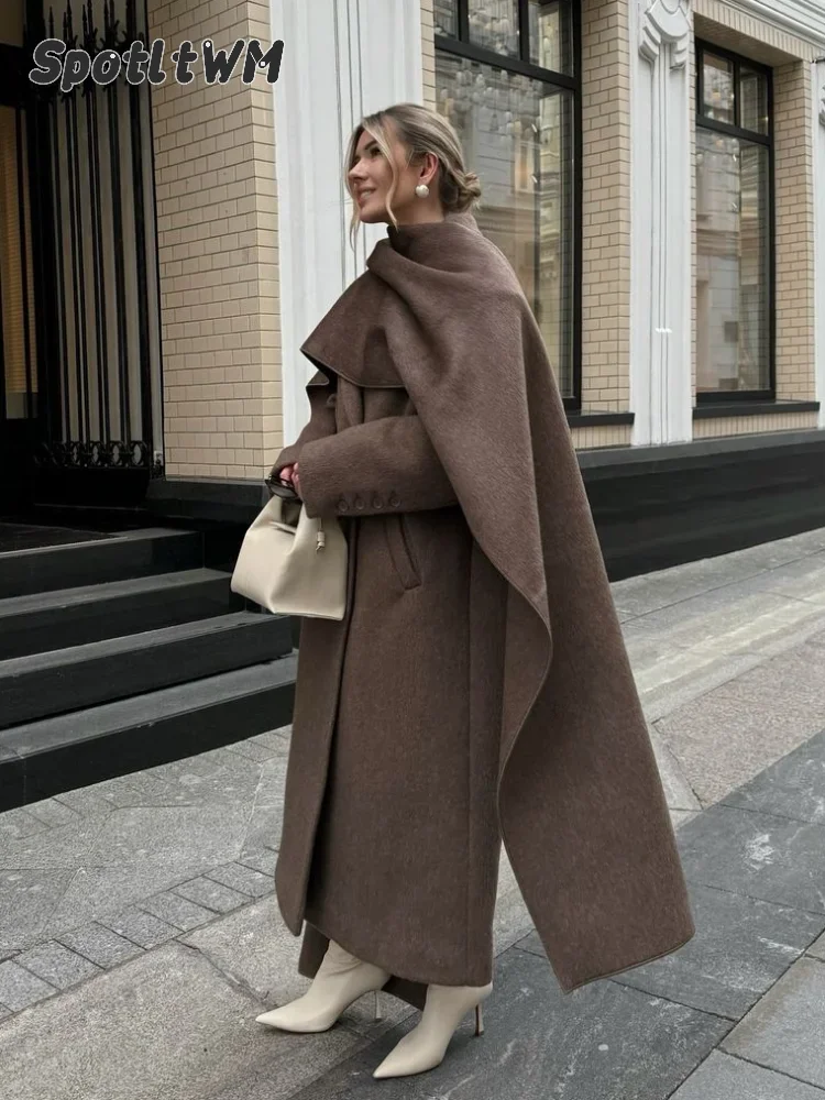 Women Fashion Scarf Collar Wool Blend Coat 2024 Autumn Winter New Single Breasted Overcoat Female Oversize Chic Street Outerwear