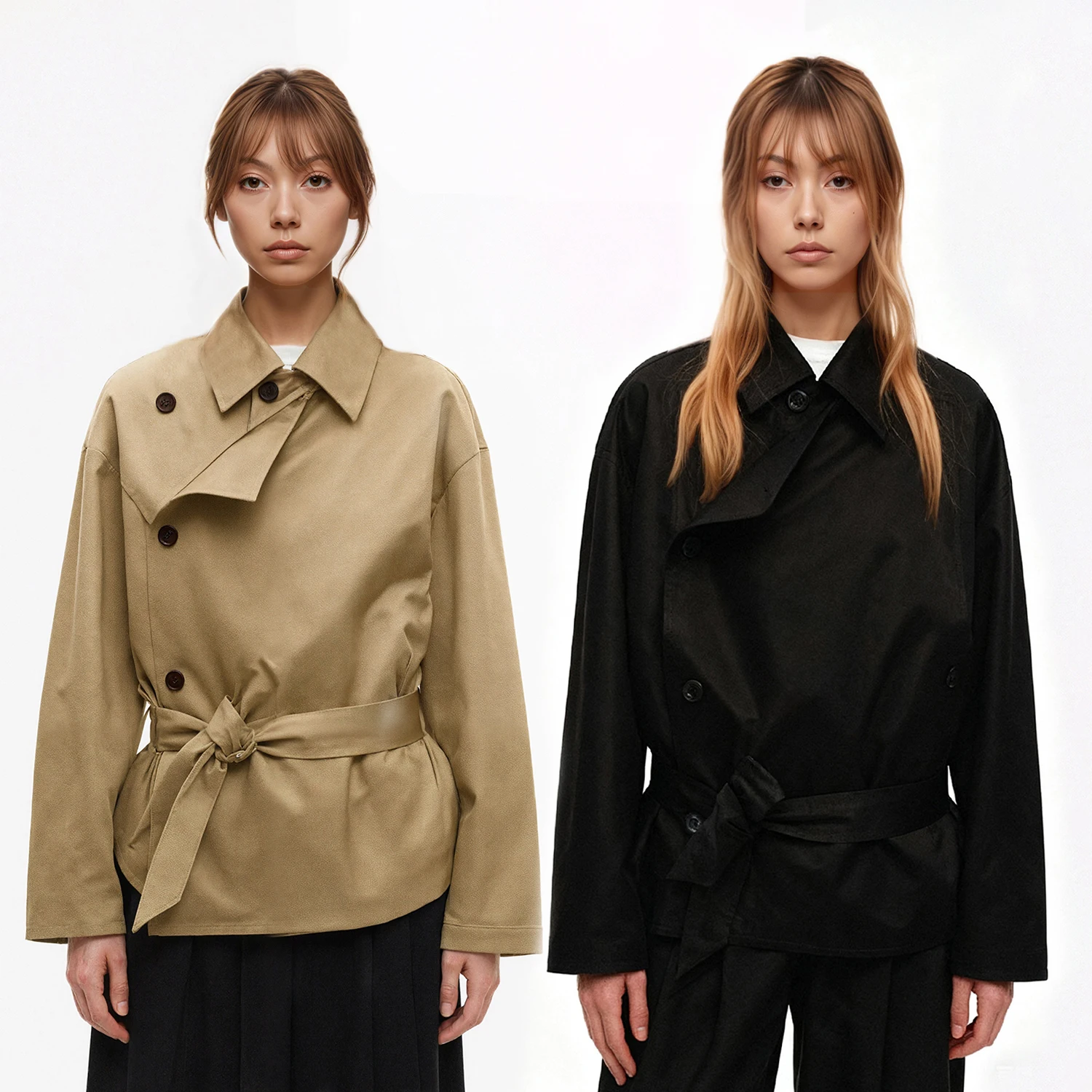 

C-GEM-Minority Short Version Lapel Trench Coat with Waist Tightening and Double-Breasted Loose and Casual Two- Long Sleeve Ja