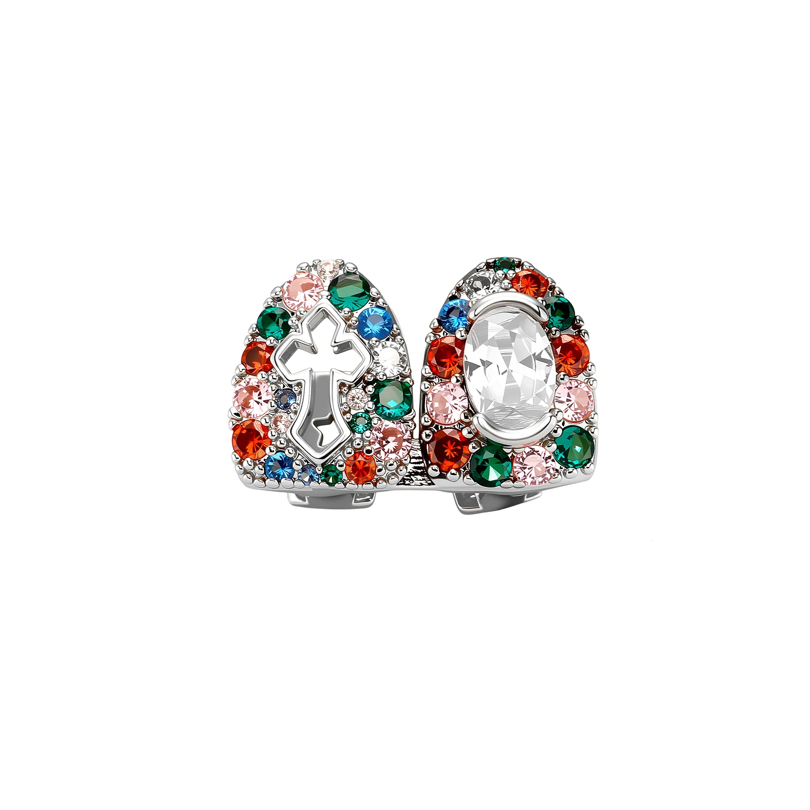 JINAO Hip-Hop Upside-Down Doppelzähne Iced Rainbow Hollow Holy Cross CZ Grillz Ober- und Unterkiefer Glänzendes Grill-SET Punk Rapper Weihnachtsgeschenk – Detail 12