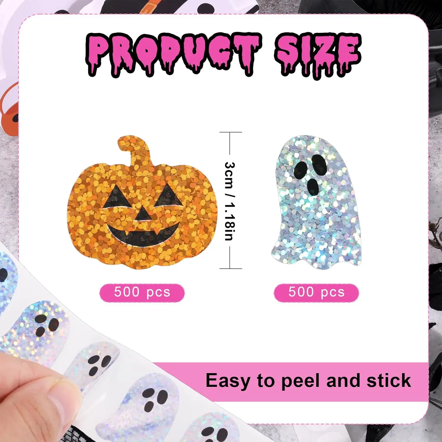 1000pcs Halloween Pumpk Ghost Stickers Roll Ghost Laser Stickers Decorative Self-Adhesive Paper Decal for Halloween Party Favors