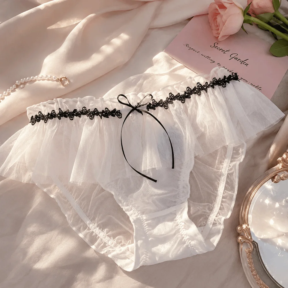Breathable Mesh Thin Women's Underwear Transparent Low Waist Lace Panties Sweet Bow Triangle Pants Girls' Style