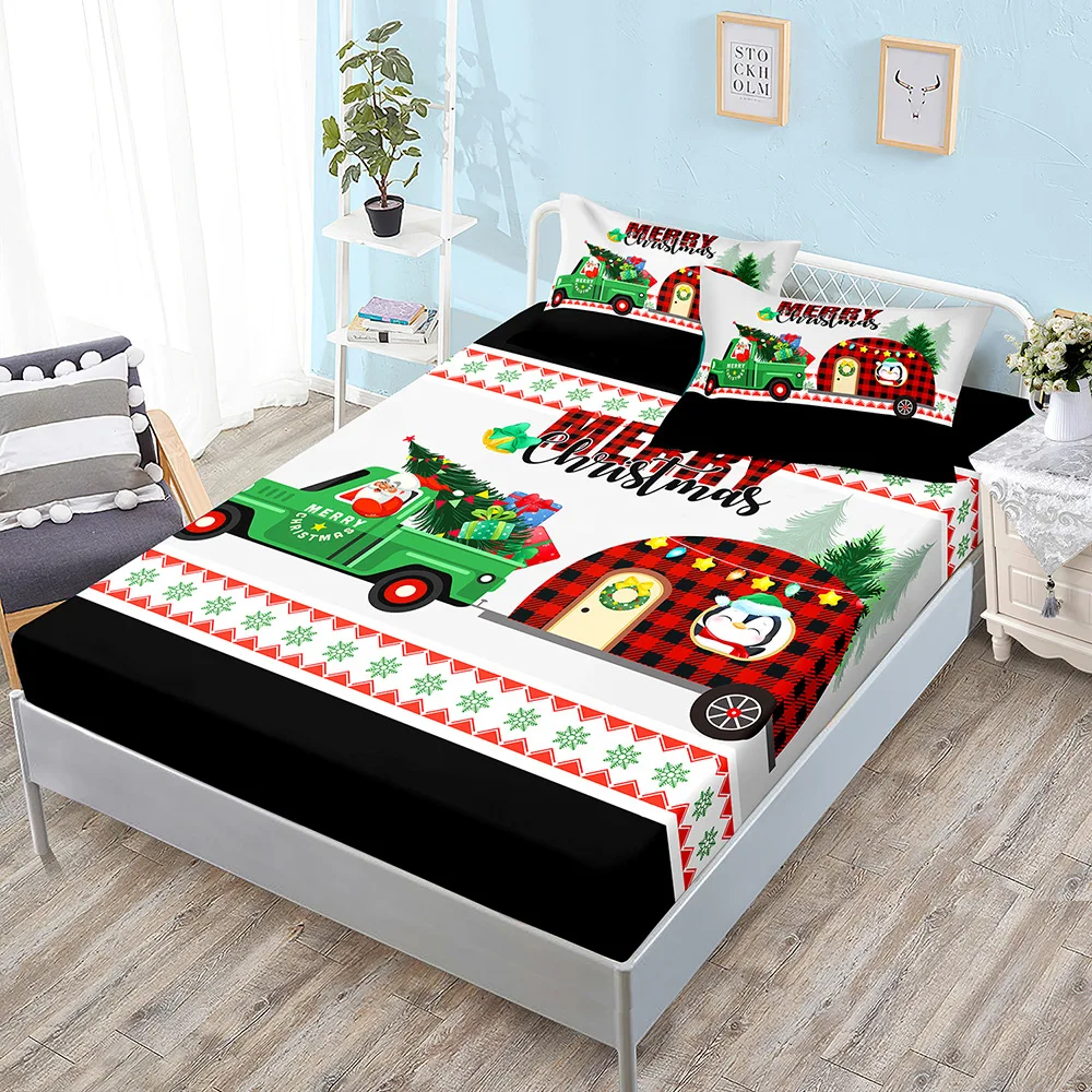 Ensemble de drap-housse de dessin animé de Noël pour enfants, housse de matelas Père Noël, linge de lit élastique pour garçons, Twin, Full, Queen, King Size