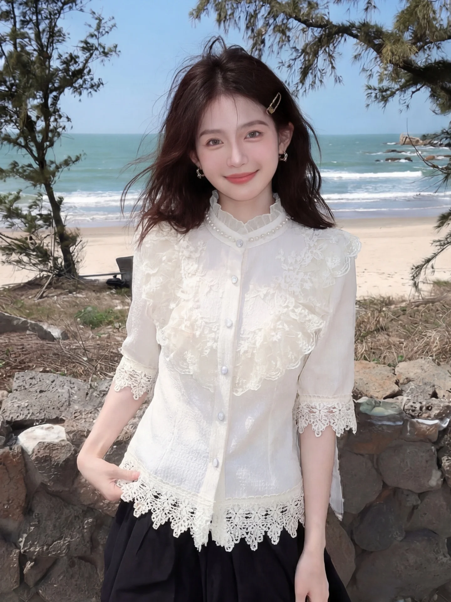 

Elegant Embroidered Lace Splice Hollow out Stand Collar Shirt Women Summer Five Sleeve Breathable Comfortable Korean Style