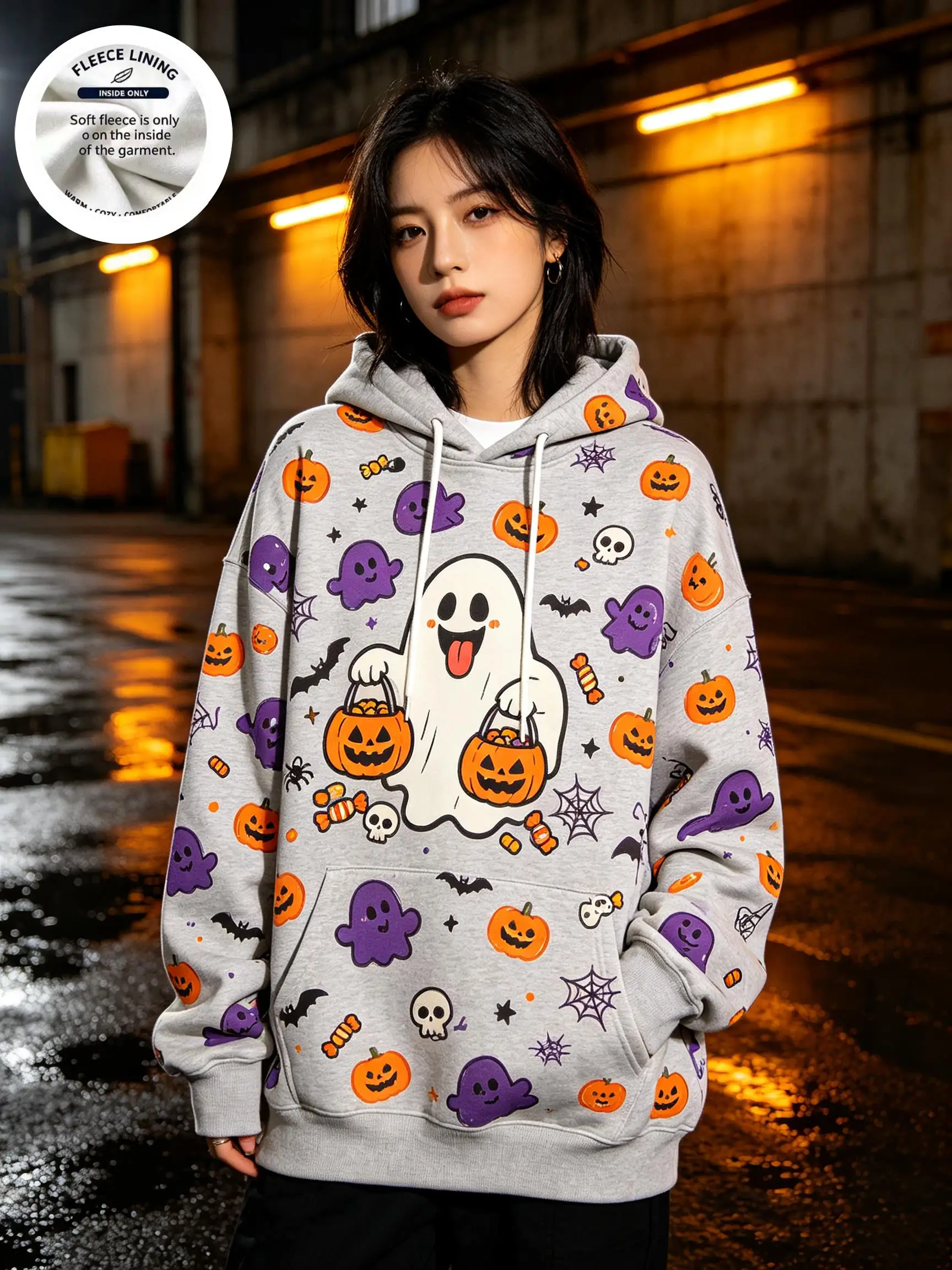 Fleece Lined Women Halloween Hoodie Cute Cartoon Ghost Black Cat Owl Pumpkin Full Print Long Sleeve Sweatshirt
