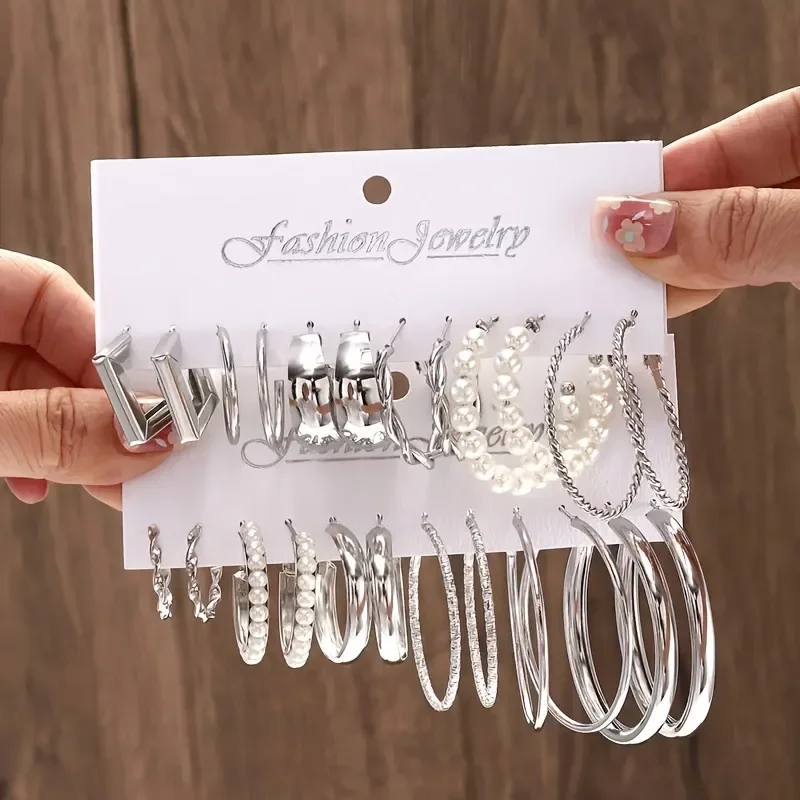 Boho Big Circle Hoop Earring Set for Women, Gold Color Bohemia Vintage Pearl Earring Heart Zircon Ear Studs Jewelry Gifts