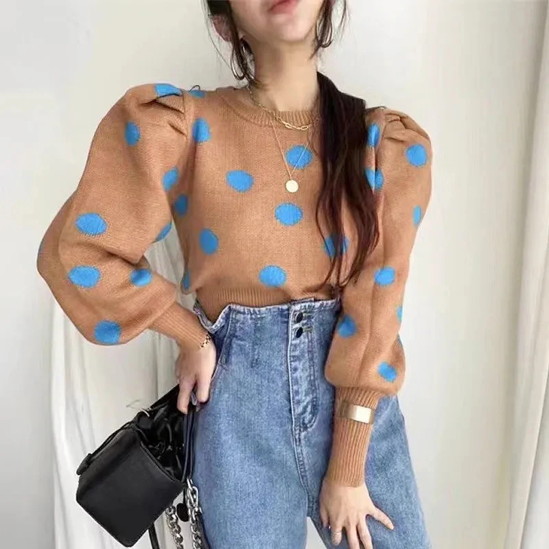 Vintage Polka Dots Knit Sweater Women Puff Sleeve O Neck Loose Casual Pullovers Korean Simple All Match Office Lady Fall Jumpers