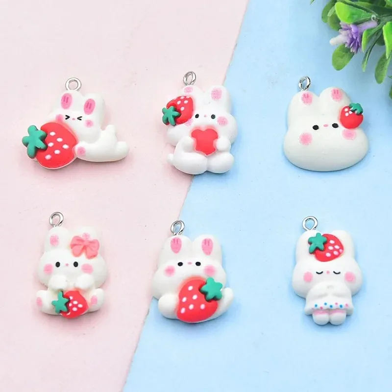 10Pcs Cartoon Strawberry Rabbit Resin Charms Cute Pendants DIY Jewelry Accessories For Keychains Bag Hanging Decorations