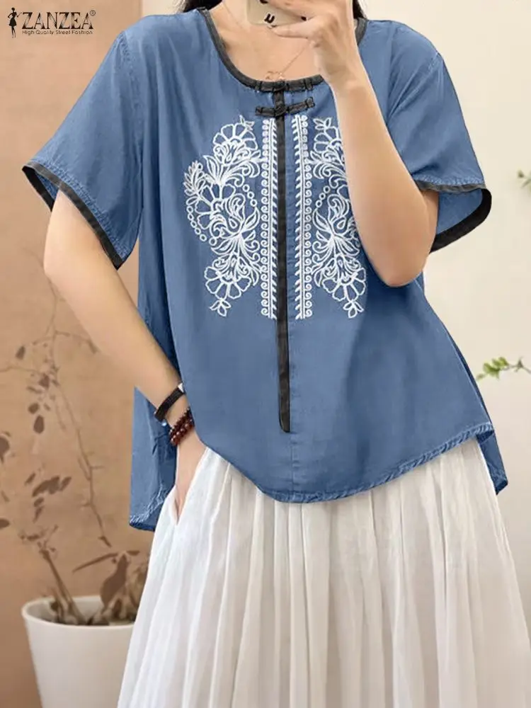 

Women Casual Embroidered Floral Blouses Summer Denim-Blue Short Sleeve Contrast-Piping High-Low Tops ZANZEA Woman Clothes 3XL