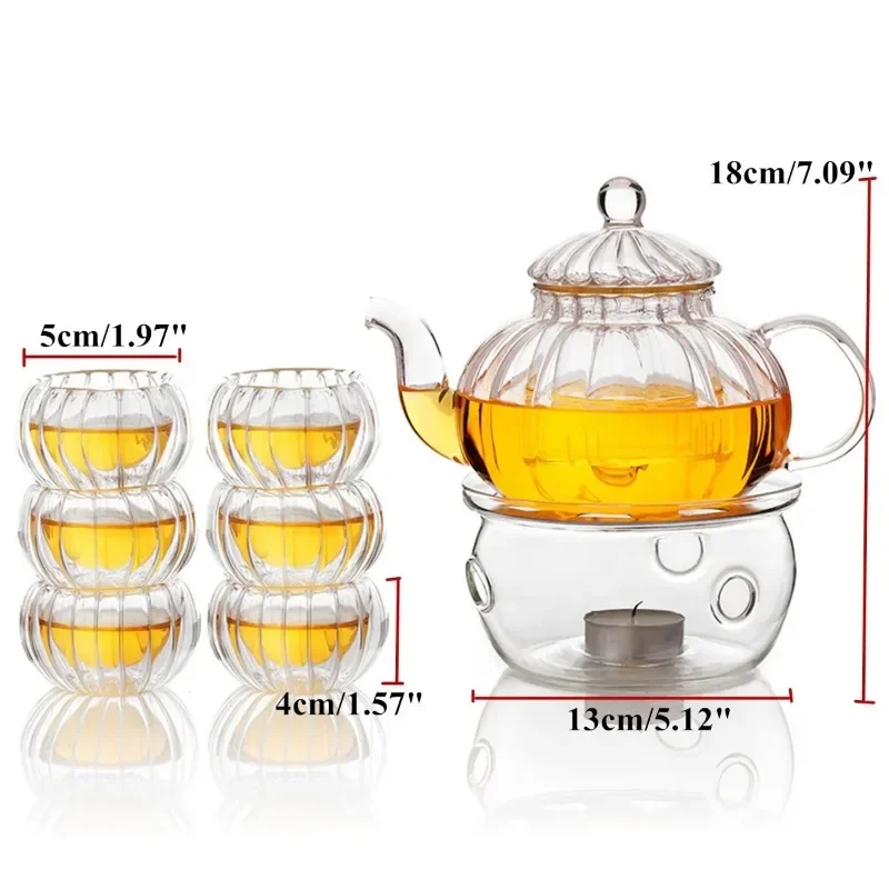 

Clear 600ml Glass Tea Pot 6 Cups Set Tealight Warmer Pumpkin Coffee Pot Kettle Infuser Home Kitchen Drinkware Coffee Tea Tools