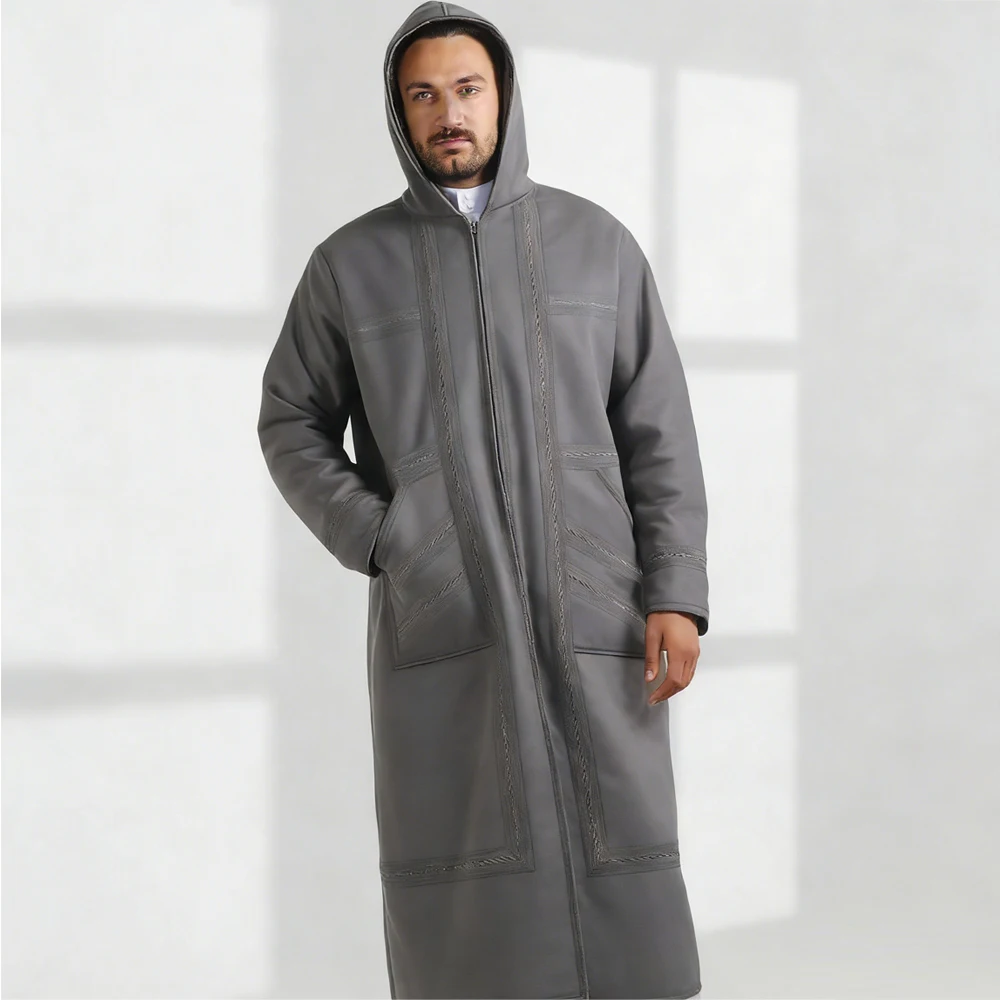 

2026 Ид Джубба Тобе, Саудовская Аравия, зимнее толстое теплое искусственное меховое мужское мусульманское кимоно, кардиган, пальто, кафтан с капюшоном, Абая, исламская одежда