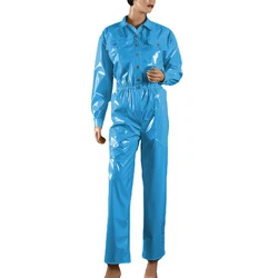 Shiny PVC Leather Jumpsuit for Men and Women, Long Sleeve, Pockets Romper, Monochrome Club Overalls, One Piece Outfit, Button Up