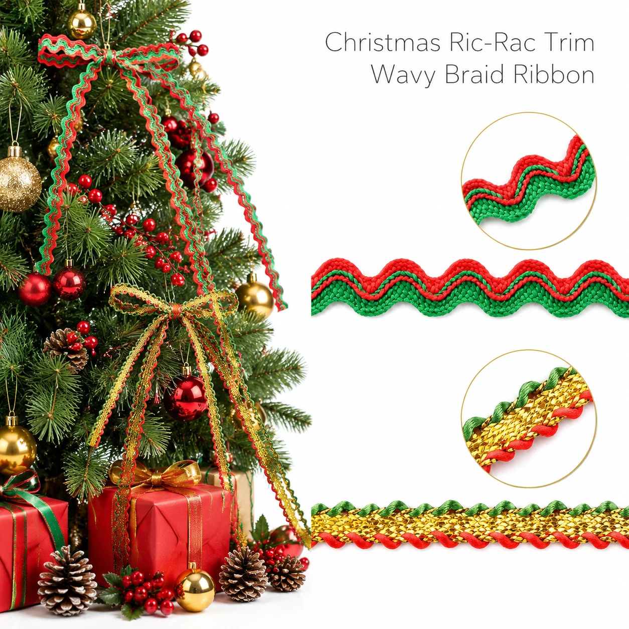 5MM Christmas Rickrack Braid Trim, Red Green Wave Wavy Edge Ribbon for Christmas Gift Wrapping DIY Sewing Craft Supplies