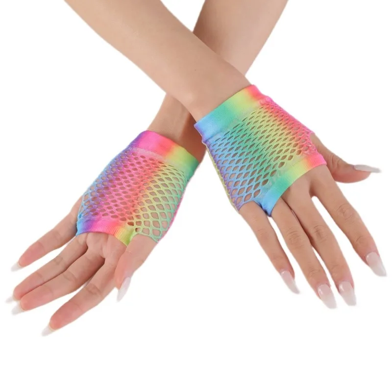 Women Summer New Fishing Net Colorful Hollow Gloves Night Club Party Dance Half Finger Sun Protection Breathable Soft Elastic