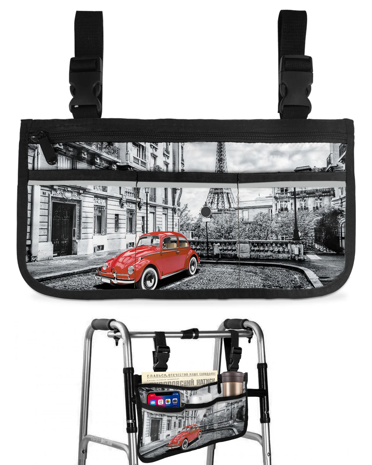 Red Vintage Car Paris Tower Street Wheelchair Bag With Pockets Armrest Side Bags Electric Scooter Walking Frame Storage Pouch