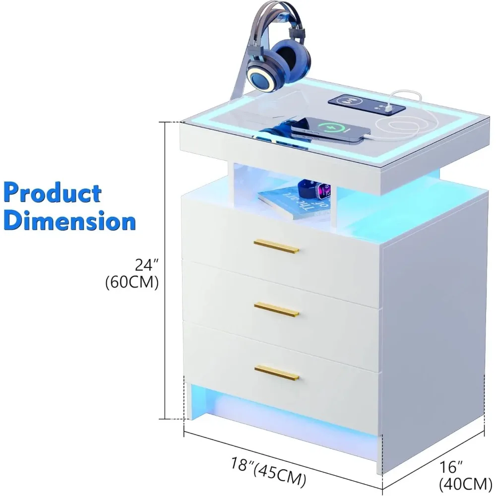 2 Sets of Nightstands, Wireless Charging Station, Automatic Sensor 3-color Adjustable LED, 3 Drawers and 3 Open Compartments