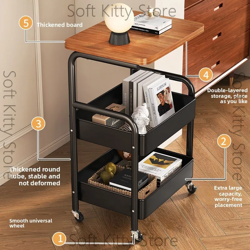 The small cart with wheels, bedroom snack shelf, storage rack, sofa side table is movable