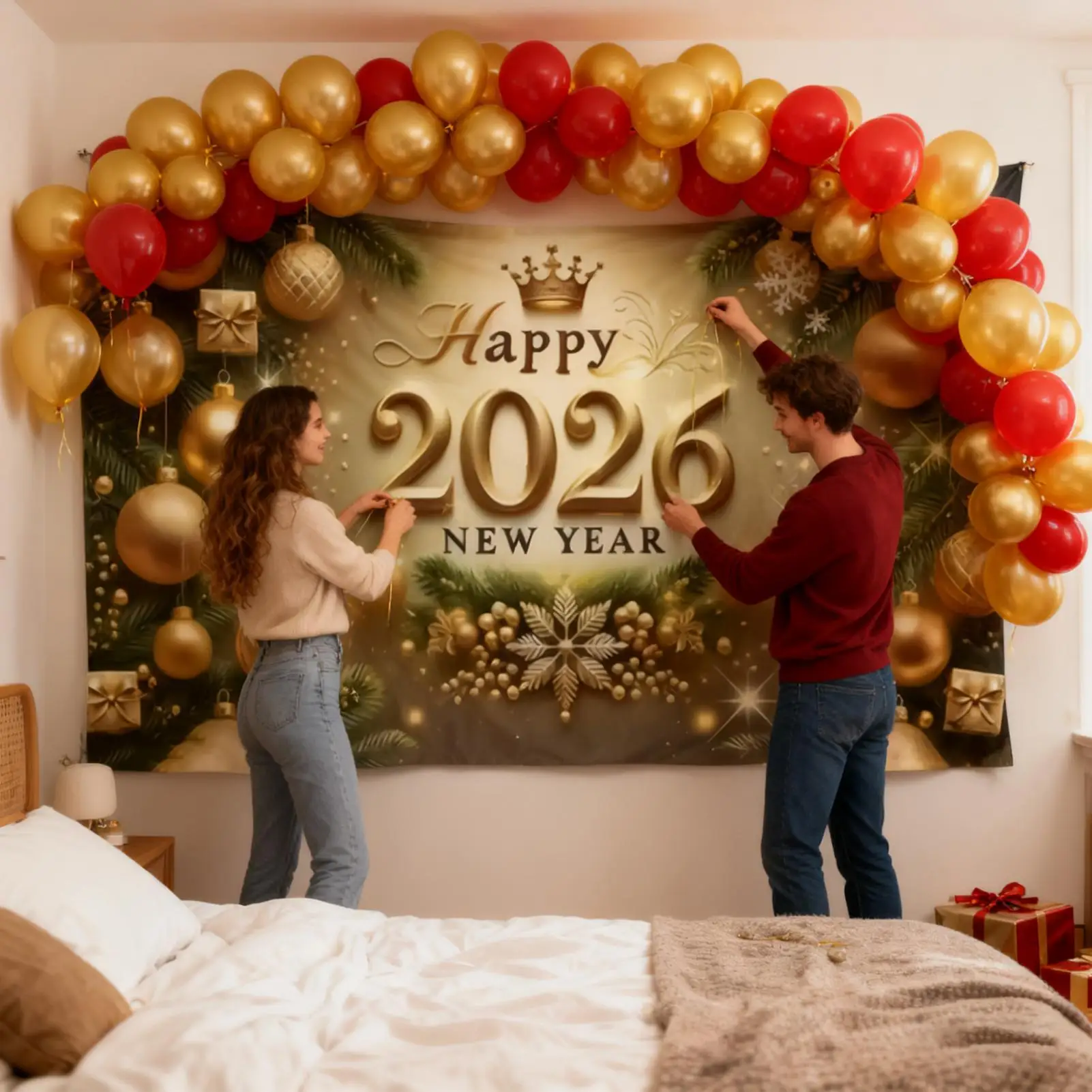لافتة سنة جديدة سعيدة مقاس 7 × 5 أقدام ذهبية 2026 خلفية جدار علامة زينة السنة الجديدة للحفلات الداخلية والخارجية وعيد الميلاد والمكتب المنزلي #2