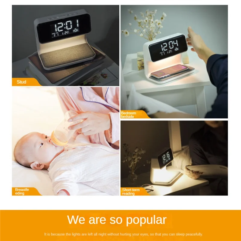 Sveglia con ricarica wireless e luci Stazione di ricarica per sveglia digitale dimmerabile per camera da letto, comodino, ufficio, durevole