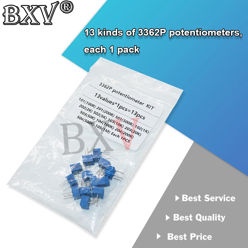 13kinds* 1pcs=13PCS 3362P Adjustable Potentiometer Kit  Contains 100R 200R 500R 1K 2K 5K 10K 20K 50K 100K 200K 1M New in stock