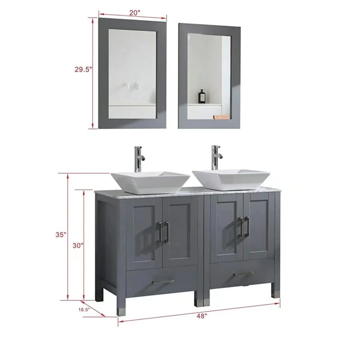 48 Inch Double Sink Bathroom Vanity Cabinet Combo Glass Marble Top Grey Paint Wood With Faucet Mirror And Drain Set