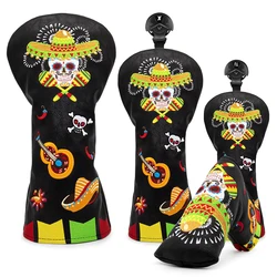 Premium Leather Golf Headcovers, Black Driver Fairway, Wood Hybrid Head Cover, Elegant Mexican Sk-ull Embroidery with Number Tag