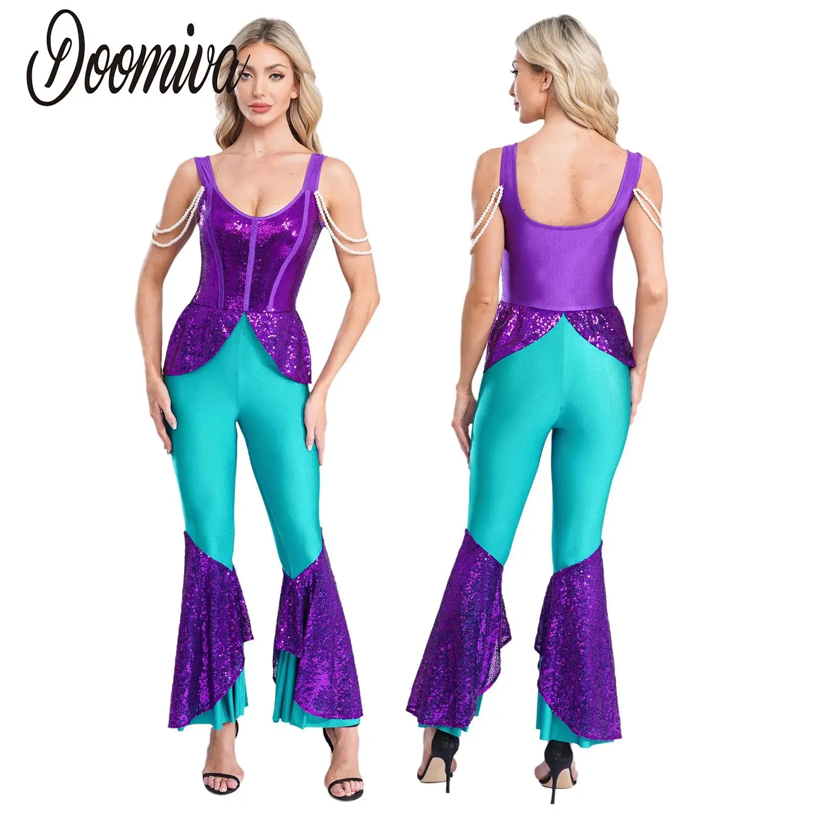 

Women Mermaid Costumes Jumpsuit Sleeveless Sequined Patchwork Bell Bottom Rompers for Halloween Ocean Themed Party Dress-up