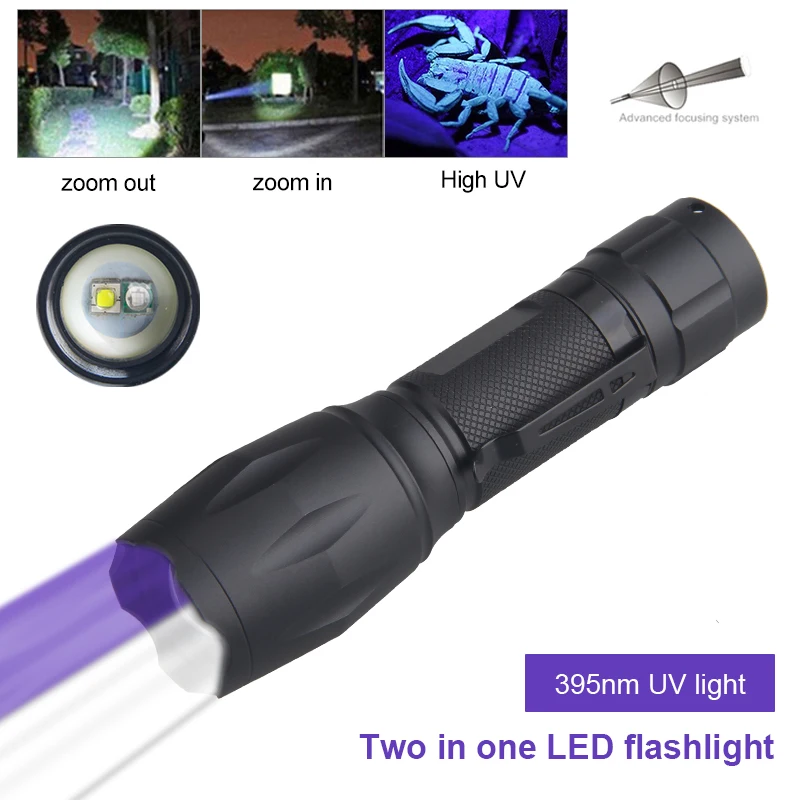 Zoomable 395nm UV Ultraviolet+L2 White LED Bulb Hunting Flashlight 2 in 1 Scorpions Torch Money Inspect Light Purple Linternas