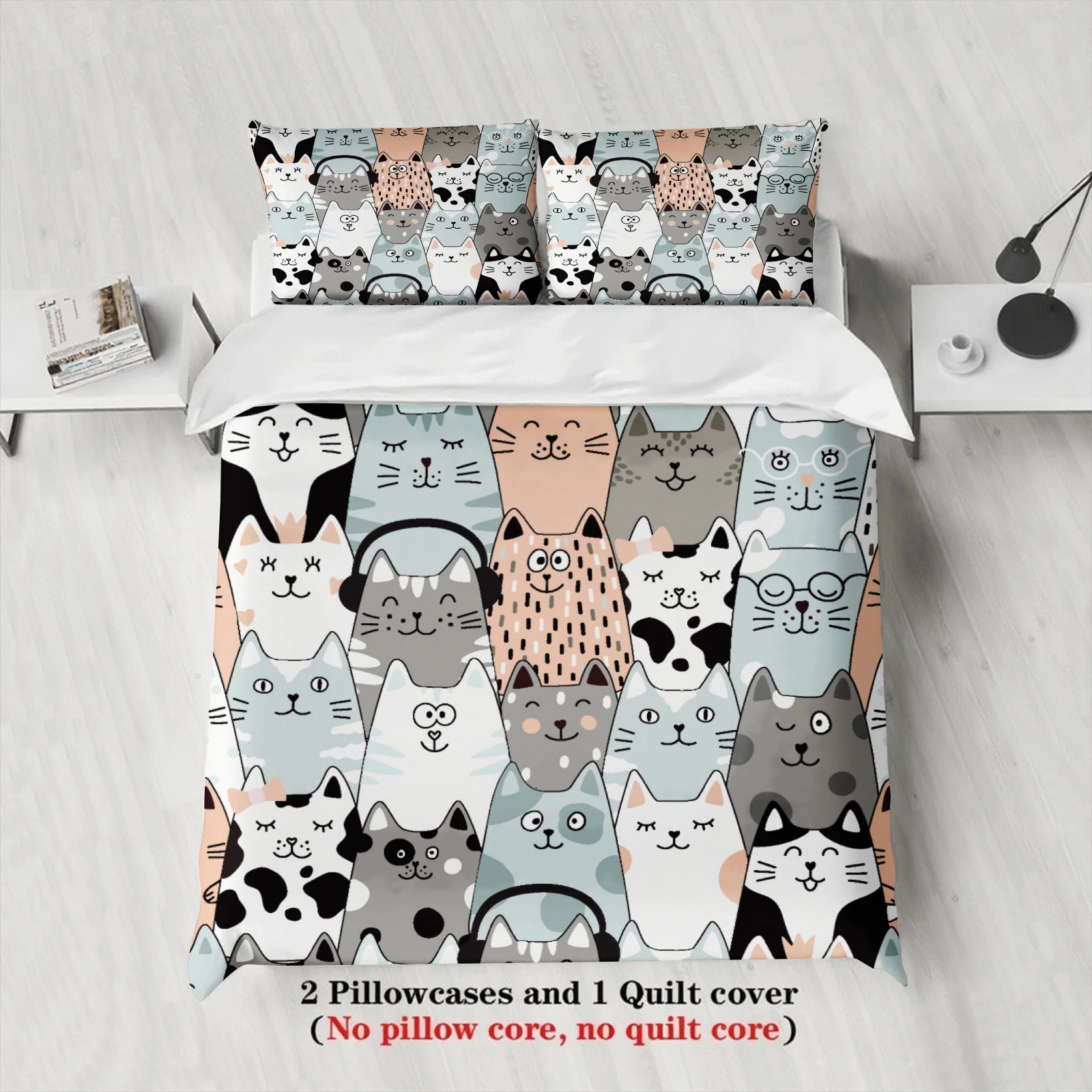 3pcs Colorful Cats Duvet Cover Cartoon Cat Pattern 3DPrint Gifts For Students Girls 100%Polyester Bedding Sets With 2Pillowcases