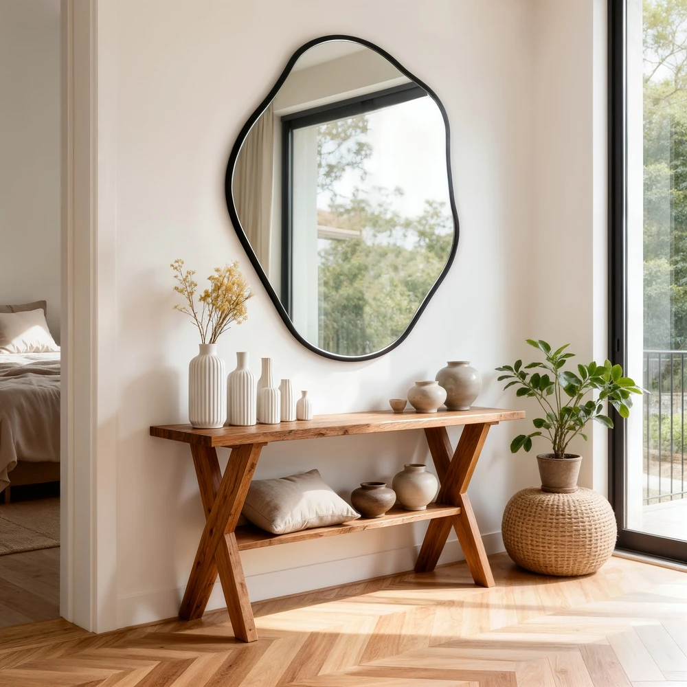 Asymmetrical Black Wall Mirror, Large Irregular Modern Wall Mounted Mirror with Aluminum Alloy Frame, Unique Freeform Decorative Art Mirror for Living Room, Bedroom, Entryway & Hallway