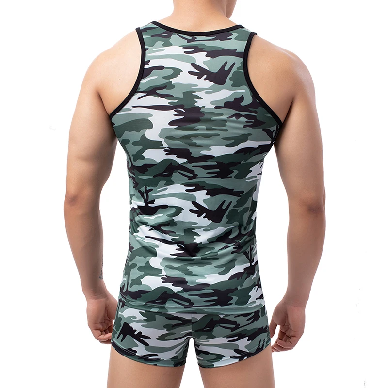 2PCS/Sets Men Undershirts Camouflage Sleeveless Tank Tops + Boxer Shorts Underwear Fitness Breathable Singlet Shirts Trunks 2XL