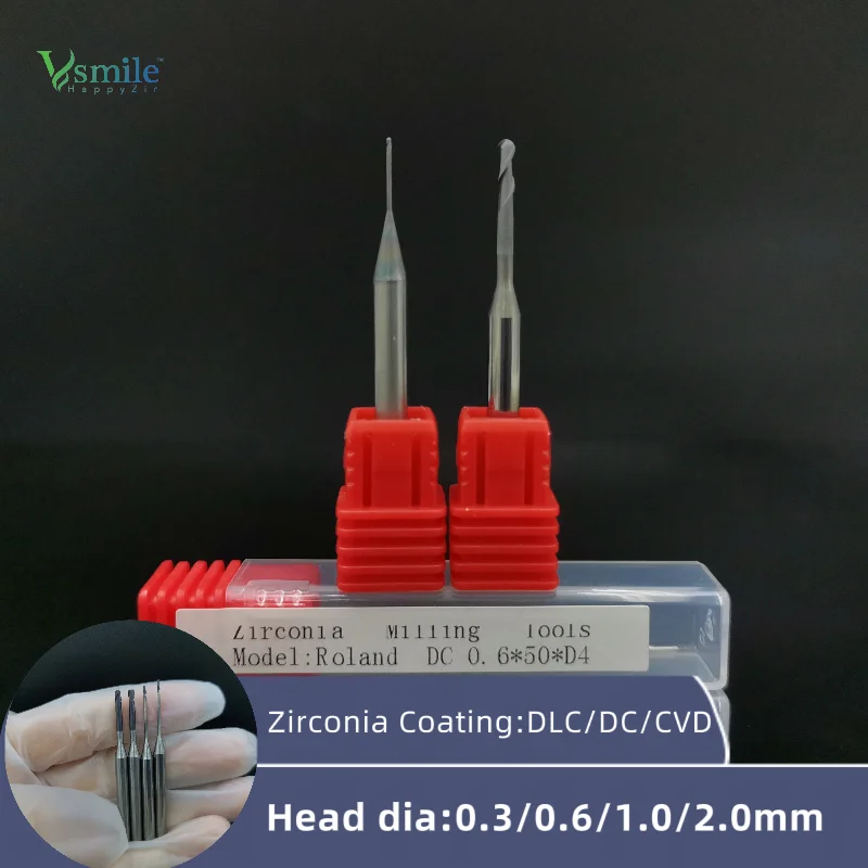 Vsmile Dental Milling Burs Compatible with Roland DWX50 DWX51D DWX52 for Dental Zirconia CAD/CAM Diamond Coating 0.6 1.0 2.0 0.3