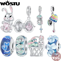 WOSTU 925 Sterling Silver Colorful Easter Charm Lucky Egg Pendant Silicone Stopper Murano Beads Fit Original Bracelet DIY Gifts