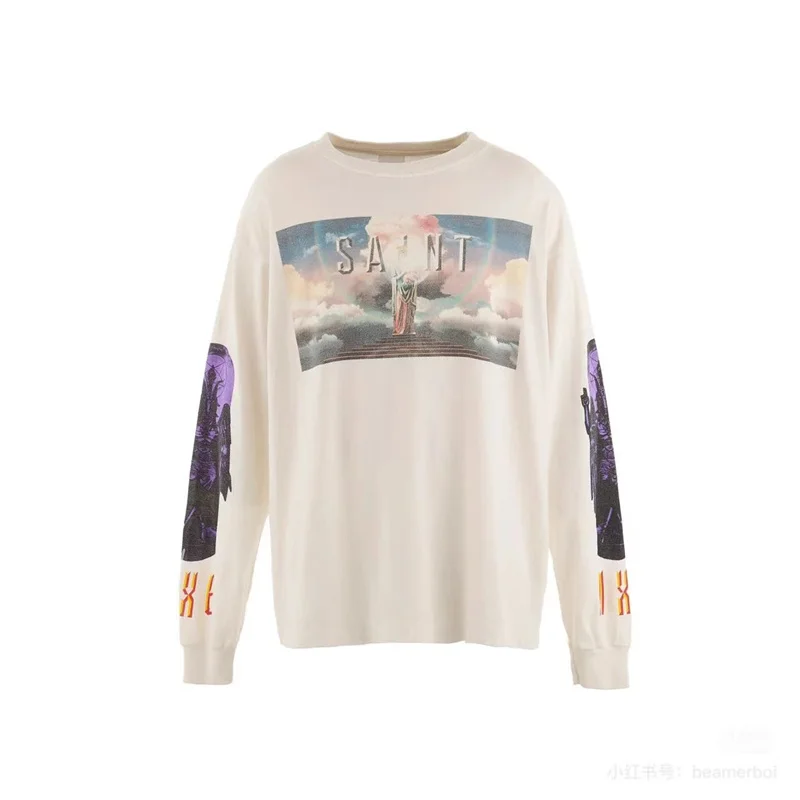 25FW Loose Retro Vintage Cement White Casual Saint Long Sleeve T-Shirt Best Quality Men Women Digital Printed Blouse T Shirt