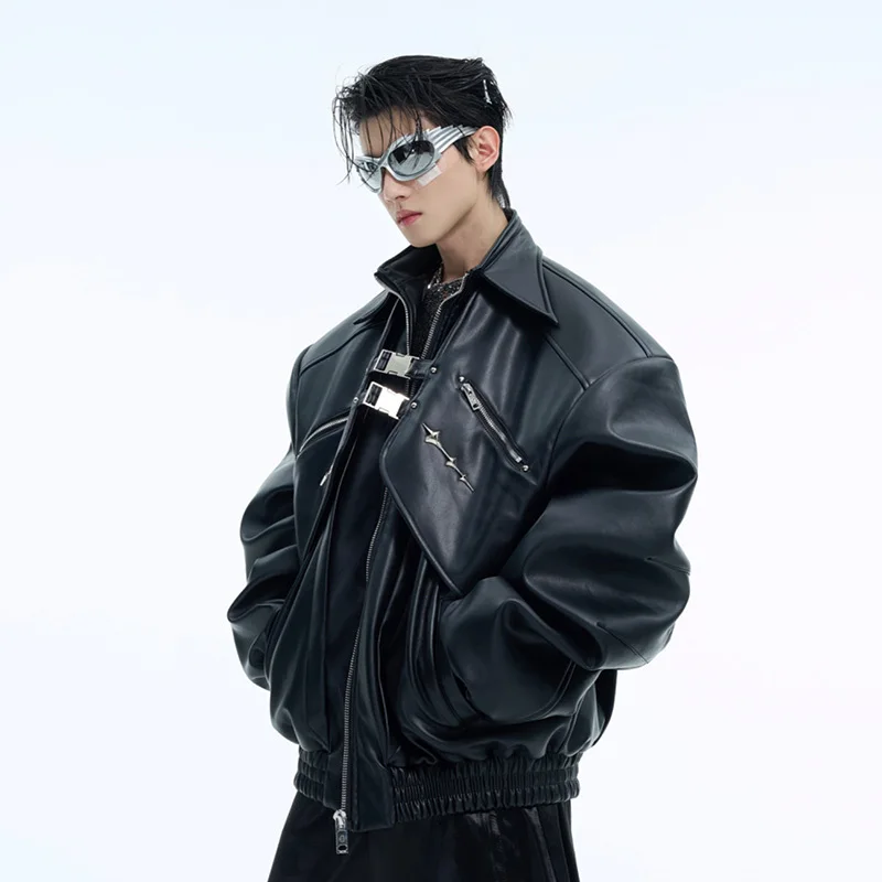 FEWQ Niche Doublelayer Deconstruction Metal Buckle Design PU Leather Jacket 2024 Solid Color Zipper Long Sleeve Male Tops