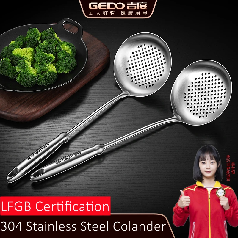 

LFGB Certification 304 Stainless Steel Kitchen Colander with Heat Insulation Handle Cooking Sieve Well Polished Sanitary Tool