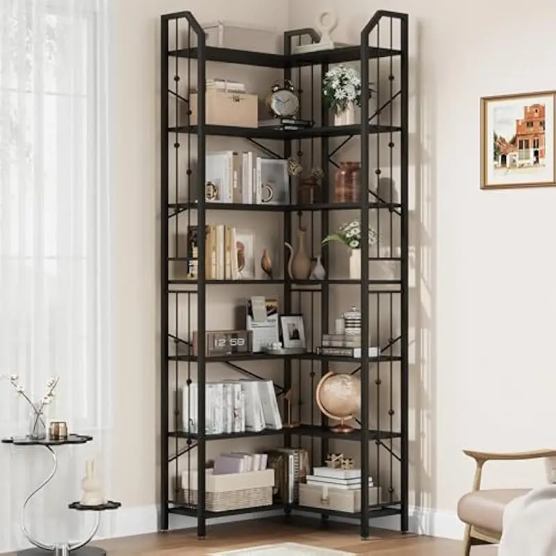 L-Shaped Floor Standing Bookshelf 86 Inches Tall with 7 Adjustable Industrial Style Tiered Shelves Beaded Detailing Sturdy Metal