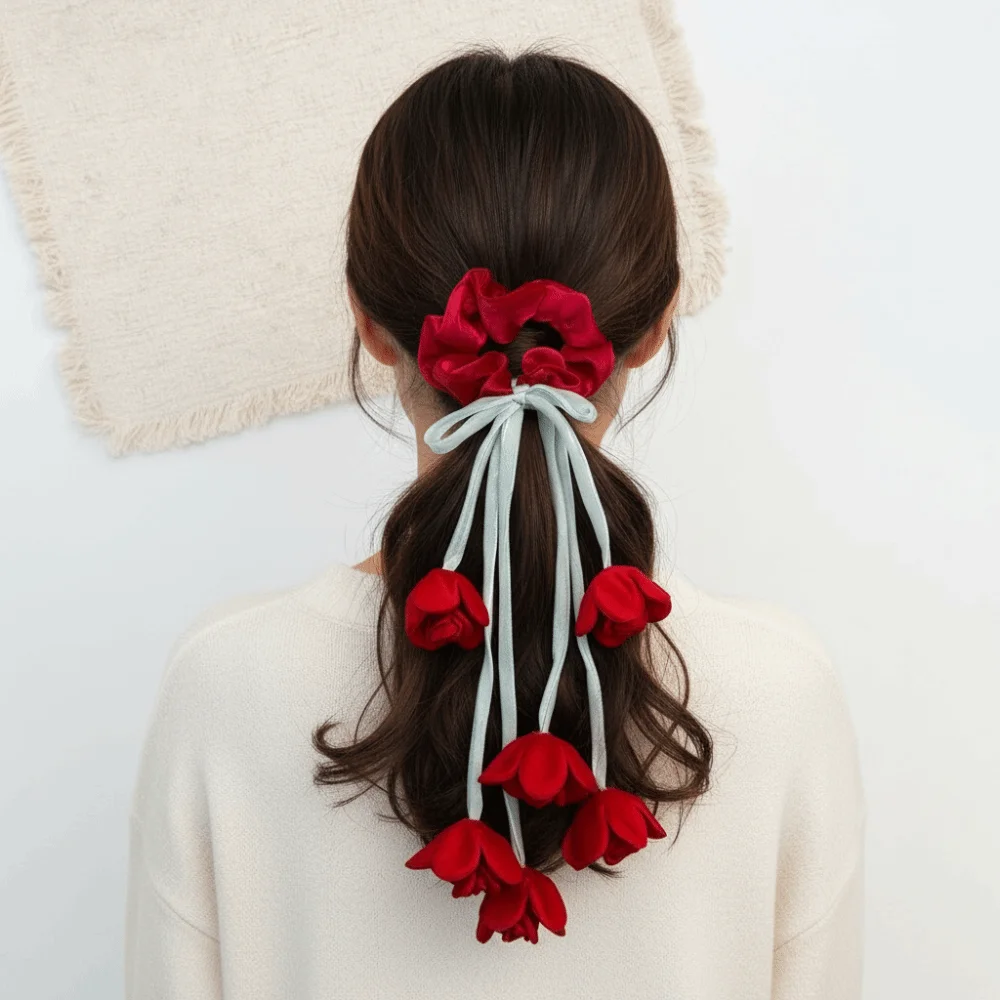 Tulip Tassel Bell Orchid Scrunchie Fairy Style Elastic Flower Ribbon Hair Tie Long Streamer Pastel Color